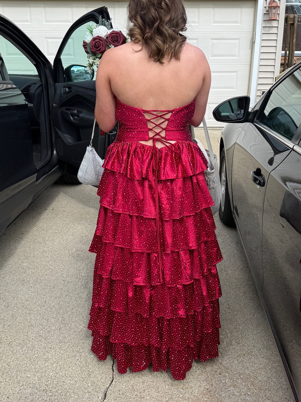 Strapless Burgundy/Red Ruffled Prom Dress - Picture 3 of 6